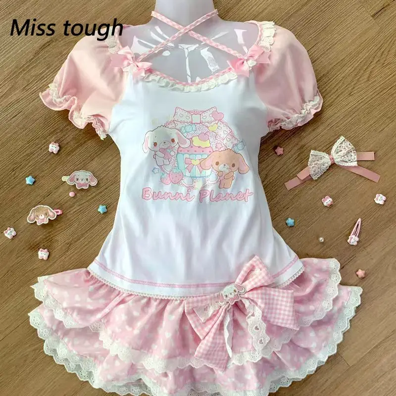 

Японские комплекты юбок в стиле кавайной Лолиты, женские летние милые топы с круглым вырезом и рюшами с мультяшным принтом, юбки с бантом Love Cake, костюм Y2k