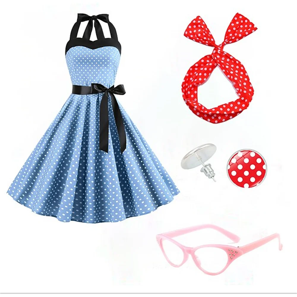Polka Dots Retro Vintage 1950s Swing Dress Accesories Set Halter Flare Dress Earrings Audrey Hepburn