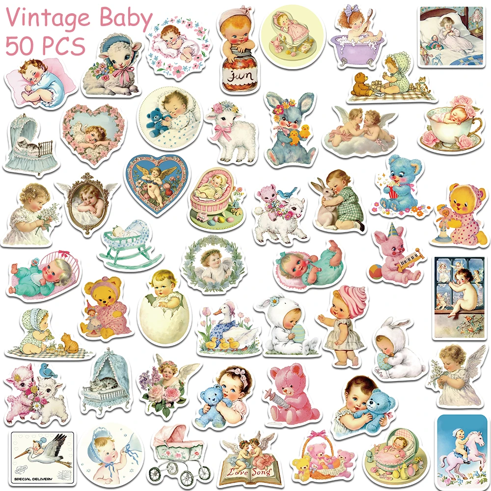 50pcs Vintage Baby Stickers Decals For Phone Scrapbook Luggage Refrigerator Guitar DIY Aesthetic Stickers Girls Creative Gifts