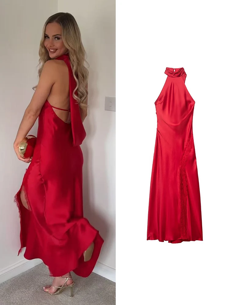 Modisches Damen-Spitzenkleid mit Eleganter Schlitzausschnittung Einfarbiges Abendkleid Sexy Neckholder Ärmellos Rückenfrei Sommerkleid