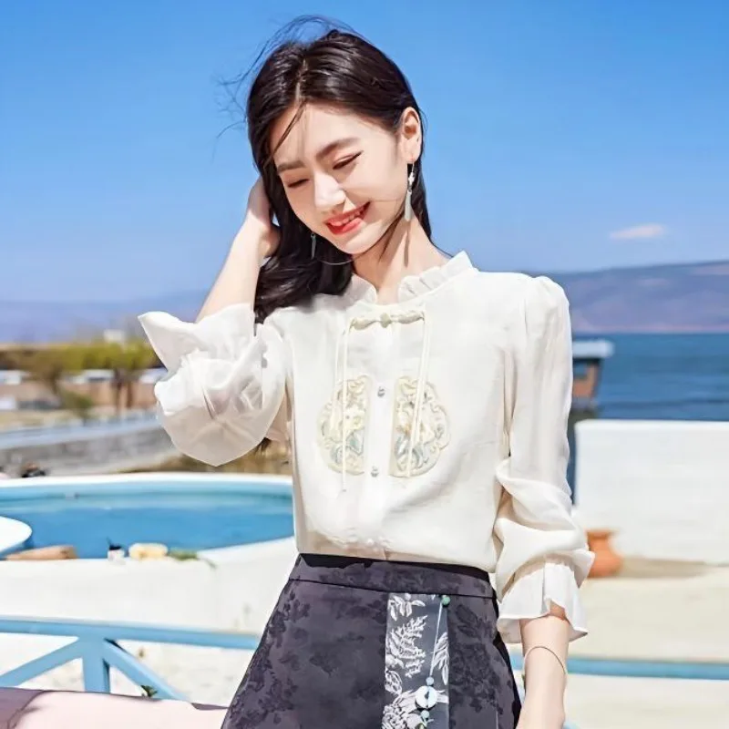 Women New Chinese Style Embroidered Blouse Vintage Frog Button Elegant Long Sleeve Shirt For Spring Summer
