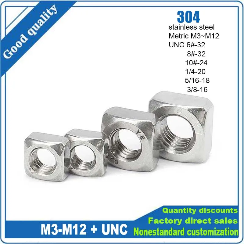 2/50 Stück DIN557 304 A2-70 Edelstahl metrische Vierkantmutter M3 M4 M5 M6 M8 M10 M12 Foursquare Quadrate GB39 Muttern UNC 6 # -32-3/8-16
