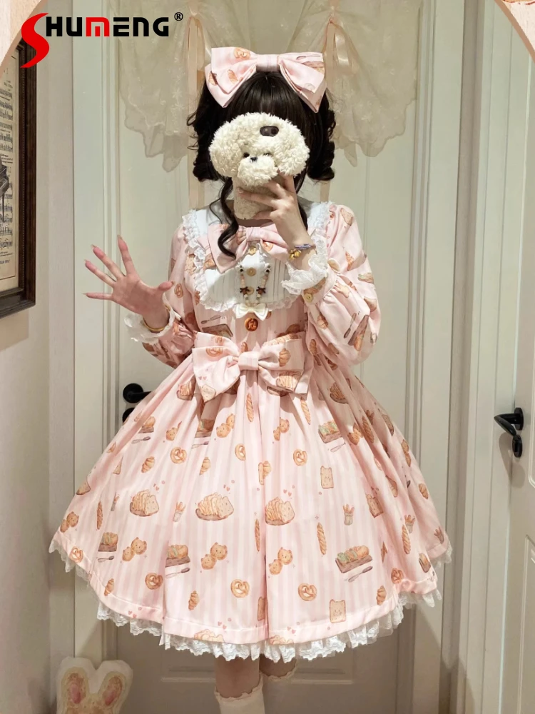 

Japanese Elegant Sweet Girl Lolita Dress Doll Neck Bow Long Sleeves High Waist A-line Kawaii Cake Print Short OP Dress for Women