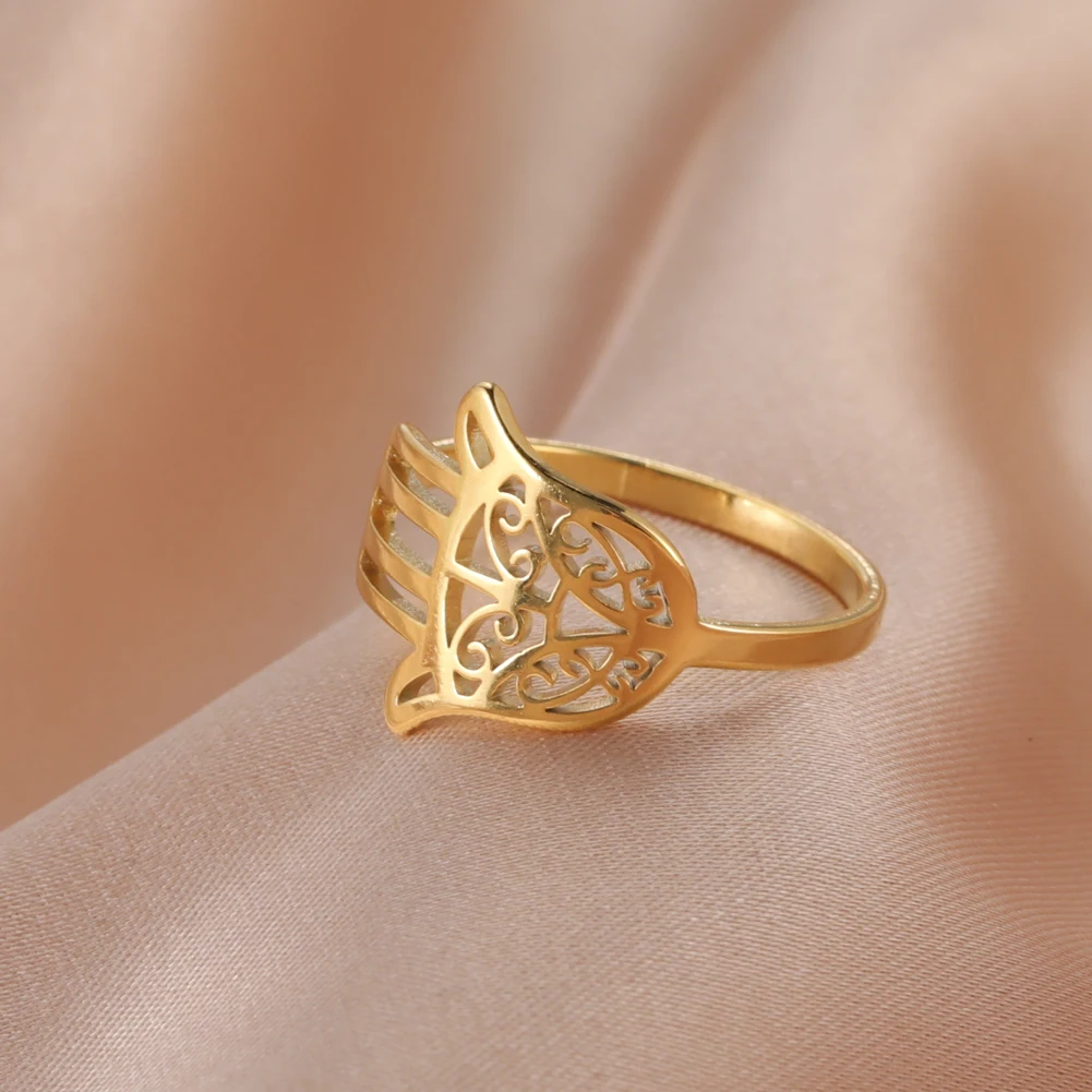 Kkjoy Damenringe, silberfarben, Hamsa, Hand der Fatima, Edelstahl, weibliche Persönlichkeit, hohler Schmuck, Accessoires, Mädchen-Geschenk – Detail 9