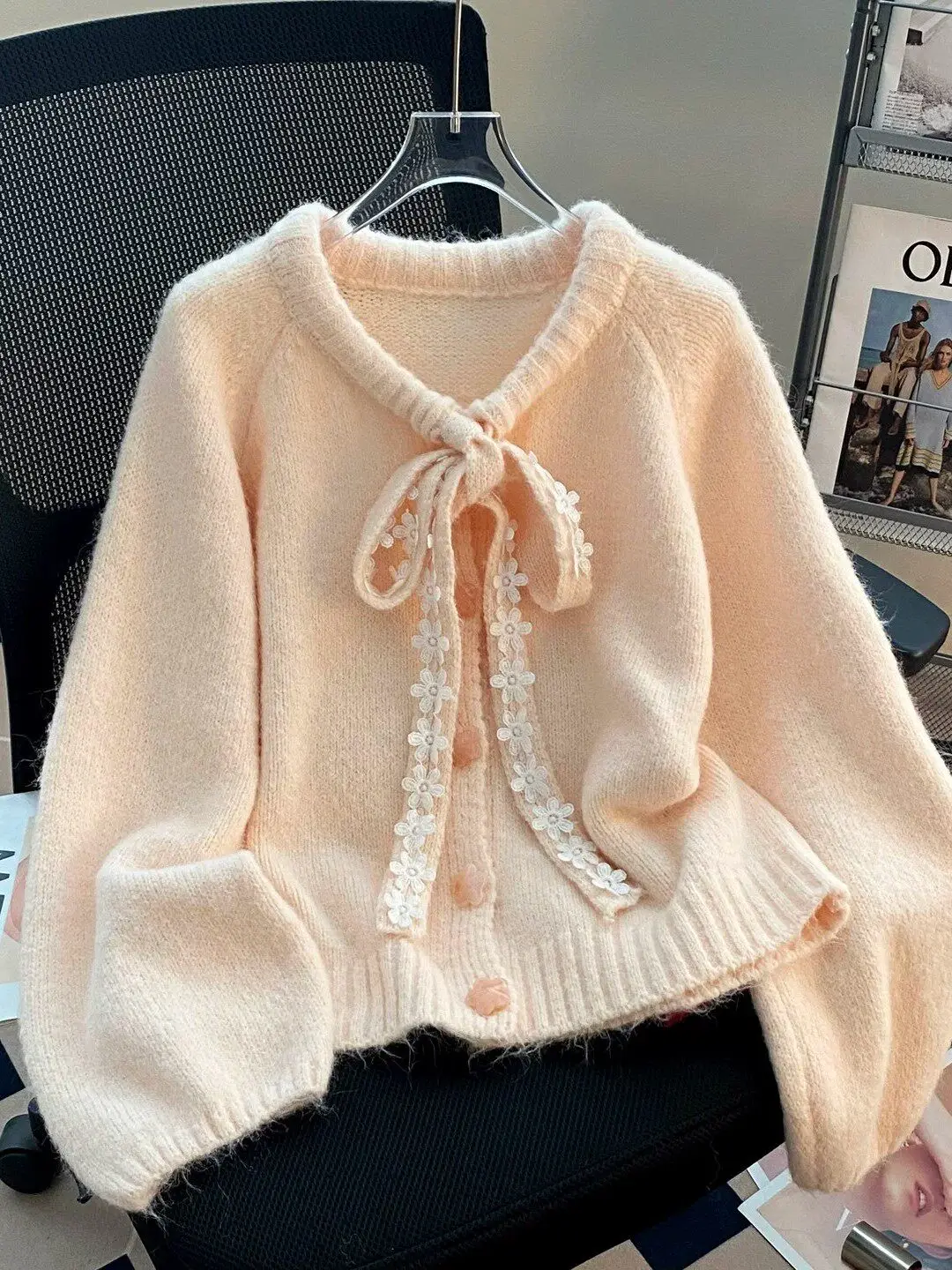 Large Size Sweet Style Knitted Sweater Coat with Bow Tie Women's Casual Loose Soft Autumn Winter Fashion Outerwear