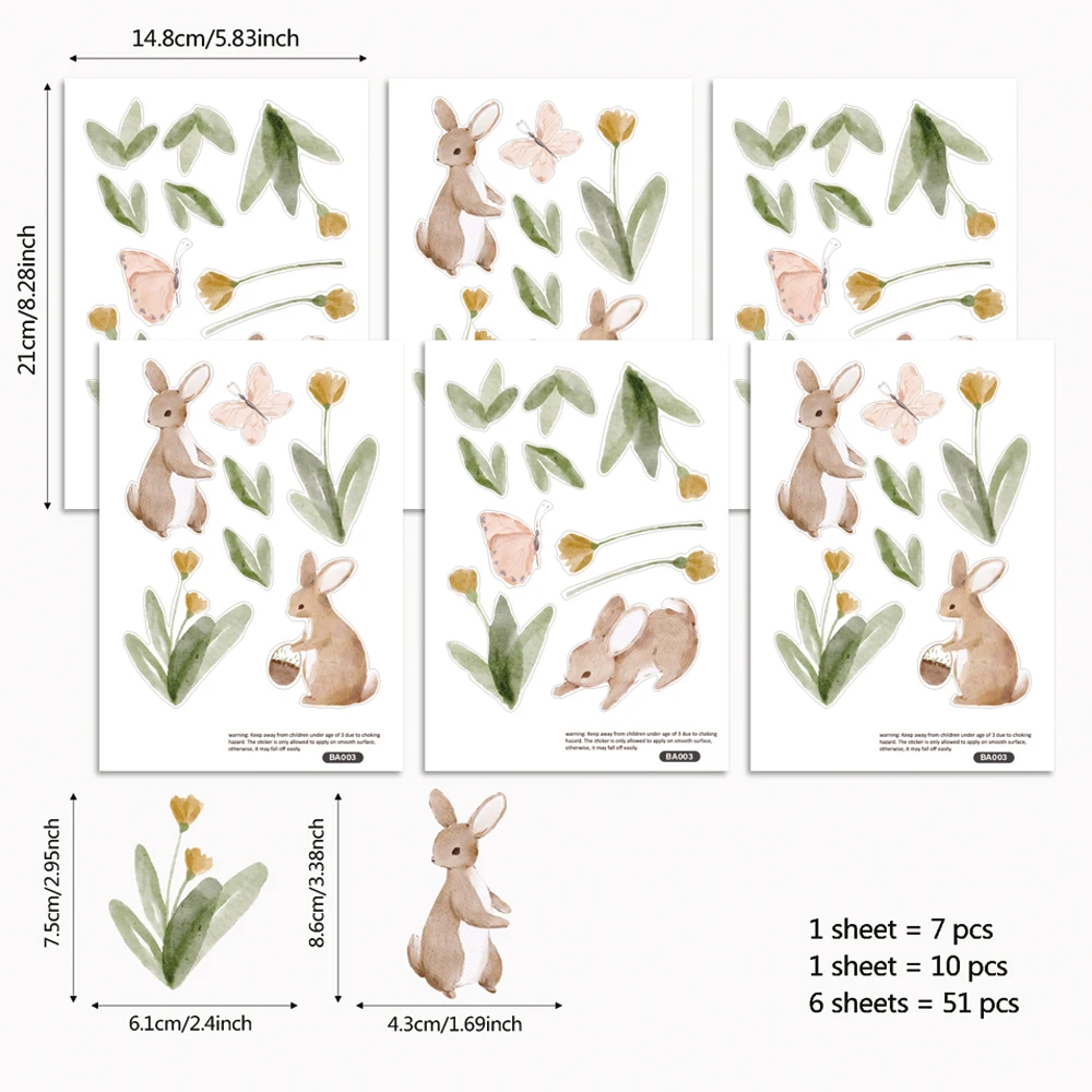 Summertime Watercolor  Cute Bunnies and Flowers Nursery Wall Decal, Peel and Stick  Reusable and Removable Kids Wall Stickers view 5