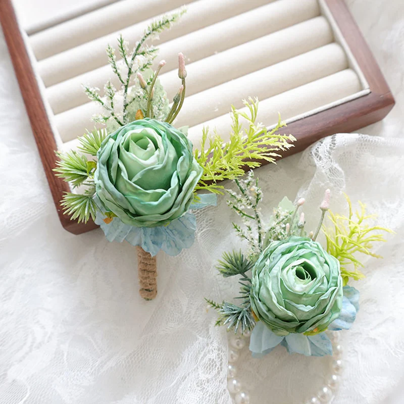 

25044 Green Bohemian Rose Flower Corsage & Wristlet Set - Perfect for Brides, Groomsmen, and Wedding Decorations
