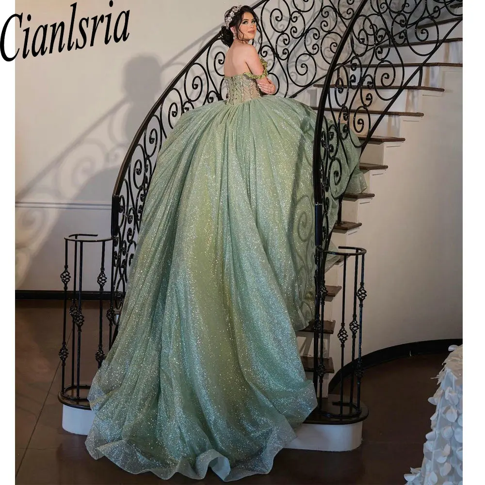 Vestido De baile De quinceañera con cuentas De cristal, Apliques De encaje, corsé, hombros descubiertos, Verde menta, purpurina, 15 Años