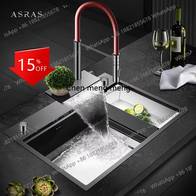 A139 Waterfall Faucet Cup Rinser Kitchen Island Sink SUS 304 Stainless Steel 4mm Thickness Handmade Nano Kitchen Sinks
