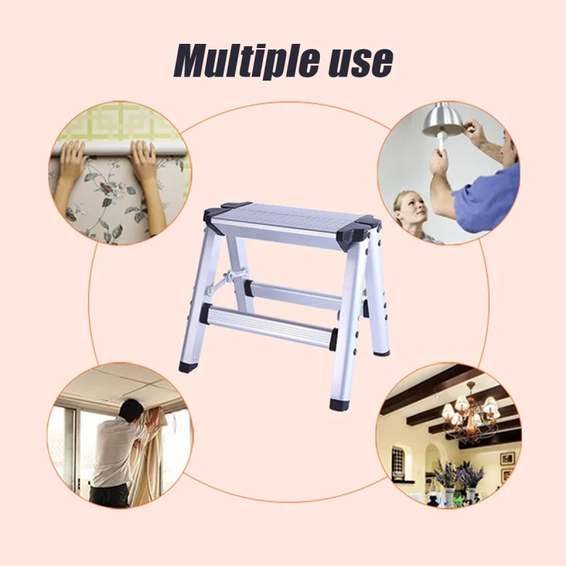 

Indoor Folding Ladder Aluminium Platform 2-Step Tool Ladder Maximum 150KG Load Anti Slip Safety Double-sided with Thick Stairs