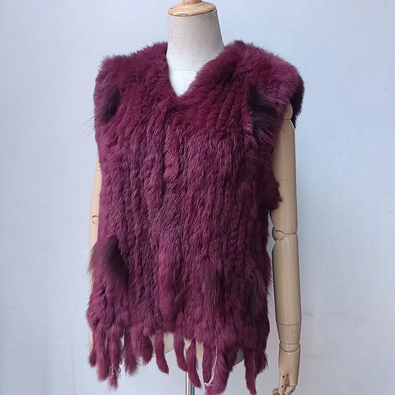 

2024 New Women Burgundy Knitted Real Fur vest with tassel V-neck fluffy Genuine Fur Gilet Hot Sale Natural Rabbit Waistcoat