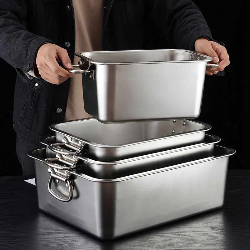 

New 304 Stainl Steel Square Basin with Lid And Ear Handle Food Turnover Di Basin Basket Meal Collection Basin Extra Thic...