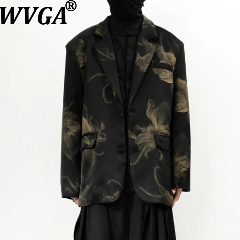 

WVGA Spring Autumn New Man Tide Oversized Printed Trendy Suit Coats Niche Chic Casual Satin Ink Floral Long Sleeve Blazer W14645