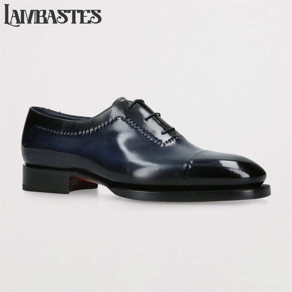 Stitched Oxford Shoes Lace up Polished Leather Dress Shoes with Hand Stitched Seamless Upper Black Blue Hand Painted Dress Shoes - view 6
