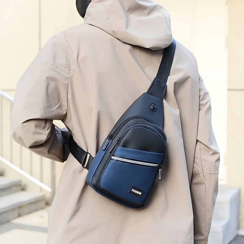 Men's Large Capacity Soft PU Leather Chest Bag, Adjustable Shoulder Straps, Multiple Zippered Compartments, Casual Travel Diagon