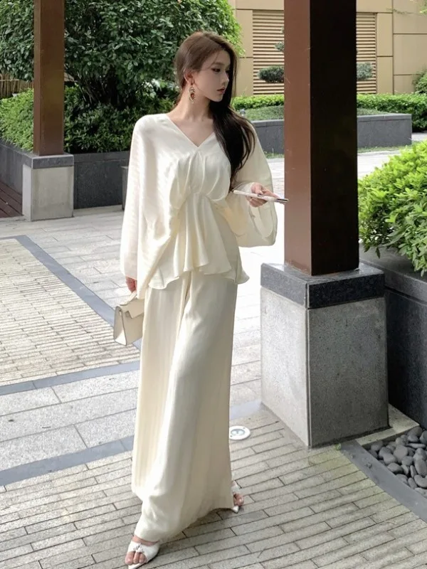 

Women's Summer Chic V-neck Set Skirt Waist-cinching Maxi Half-length Commute Two-piece Set Anti-wrinkle Short Sleeve