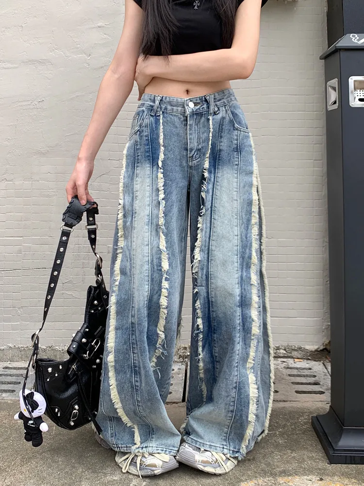 2000S Kleidung Y2K Streetwear Gewaschen Blau Baggy Gestapelt Jeans Hosen Für Frauen Breite Bein Gerade Lose Dame Hosen Ropa de Mujer – Detail 4
