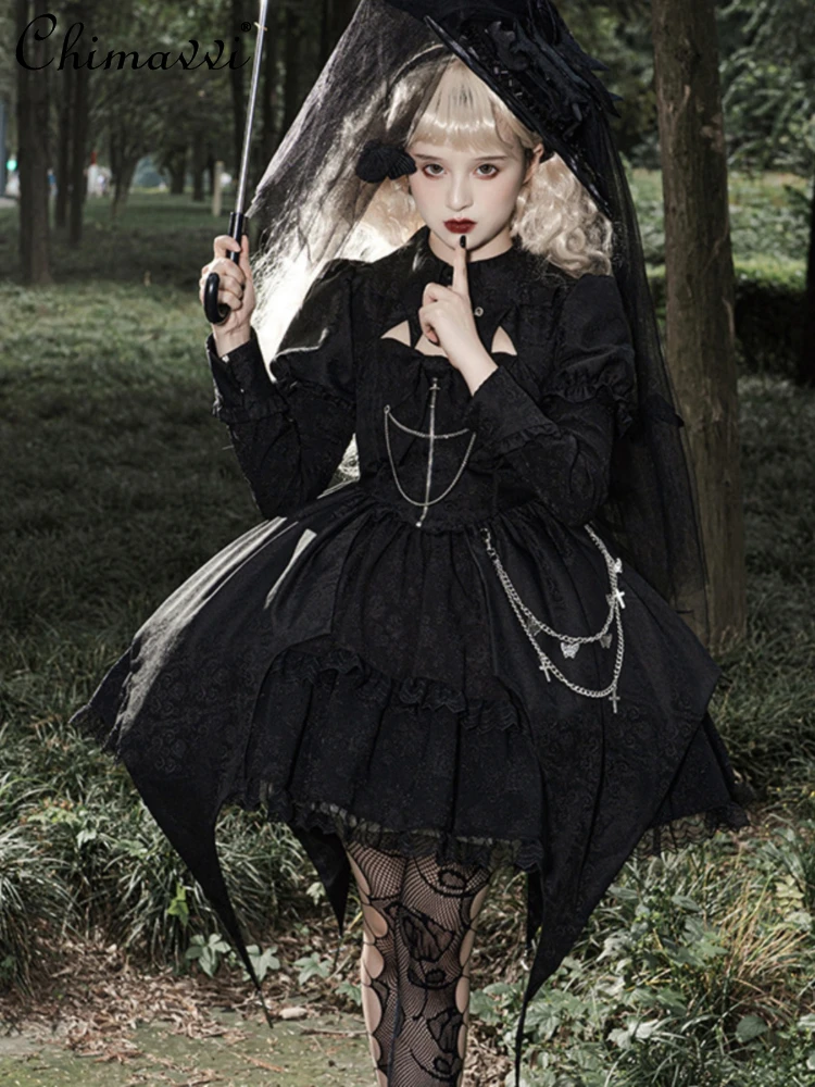 

Fashion Gothic Slimming Solid Color Women's Dress 2023 Spring and Autumn Lolita Halloween Long Sleeve Bat Collar Beautiful Dress