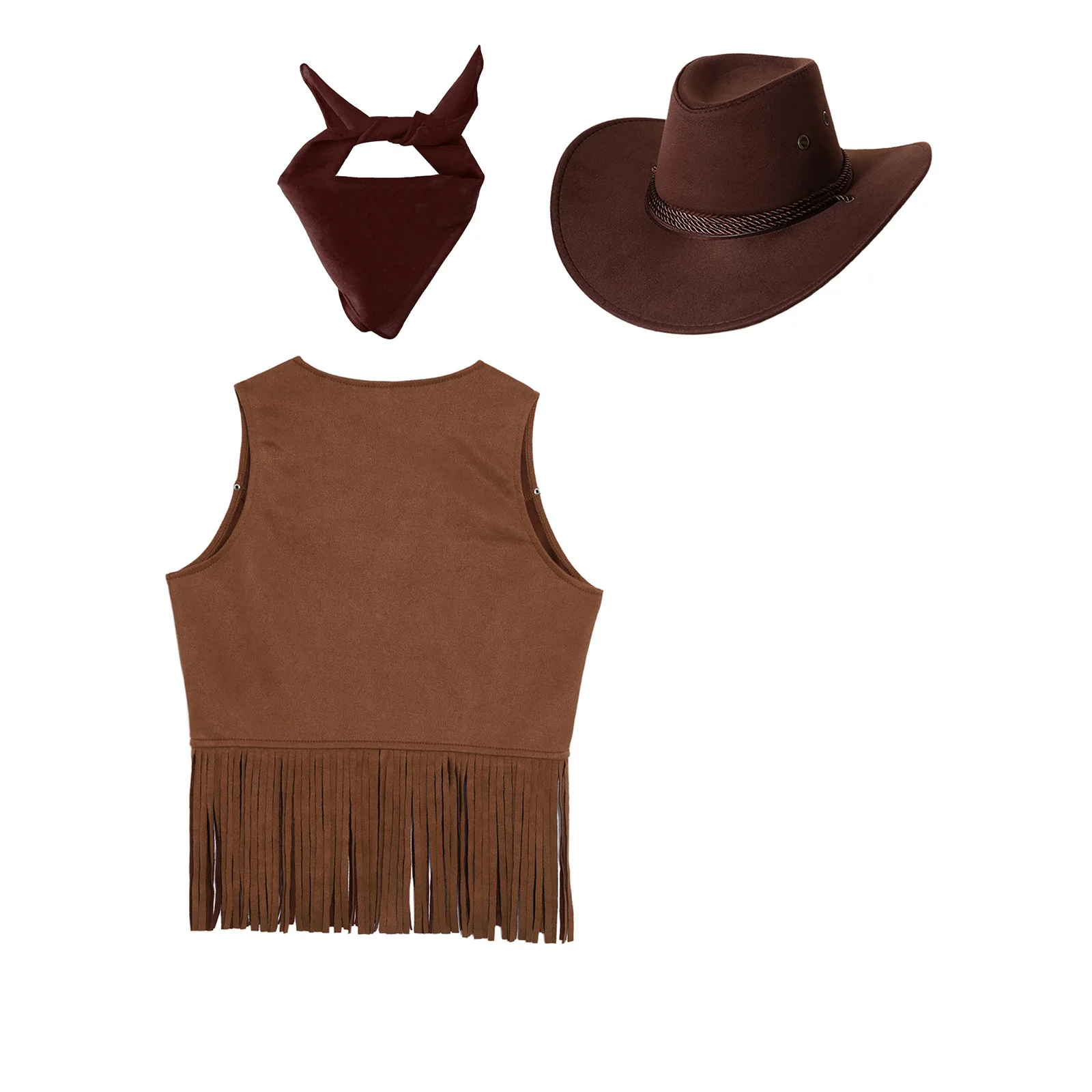 

Girls Boys Western Cowgirls Cowboy Costumes Open Waistcoat Chest Stud Tassels Fringed Vest and Hat Scarf for Halloween Cosplay