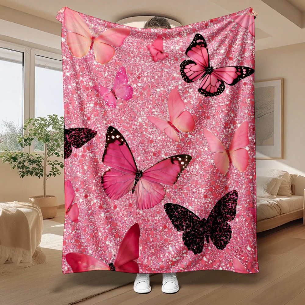 Pink Butterfly Glitter Pattern, for Women And Girls, Soft Fleece Blanket, Sparkly Floral Design, Cozy Home Decor And Gift, Multi