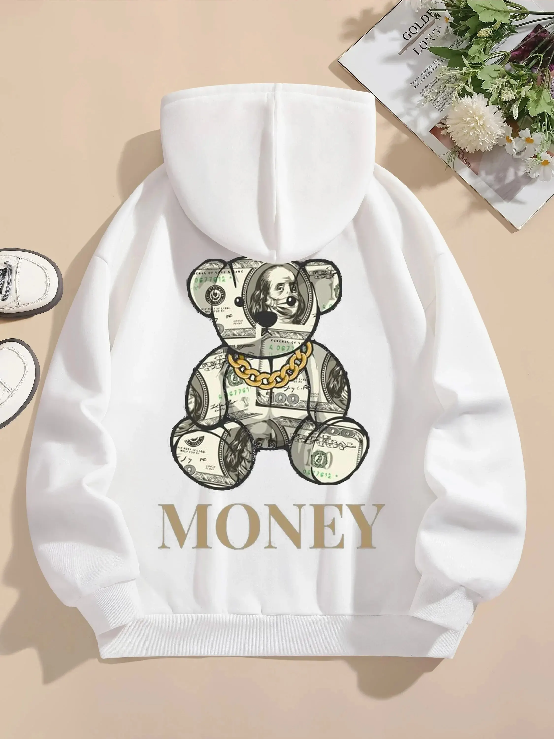 Bear Money Cartoon Printing Sweatshirt Female Fashion Fleece Hooded Autumn Loose Hoodie Casual Warm Oversize Clothes Women