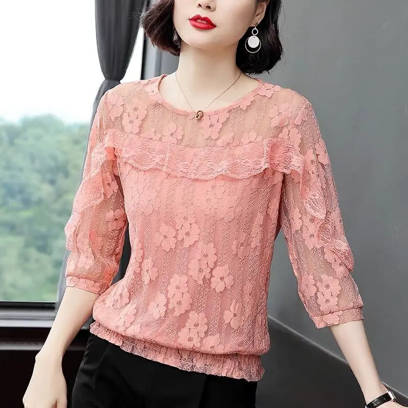 Fashion Elegant Lace Hollow Out Blouse Female Clothing Casual Sweet Ruffles Patchwork Summer 3/4 Sleeve Solid Color O-Neck Shirt