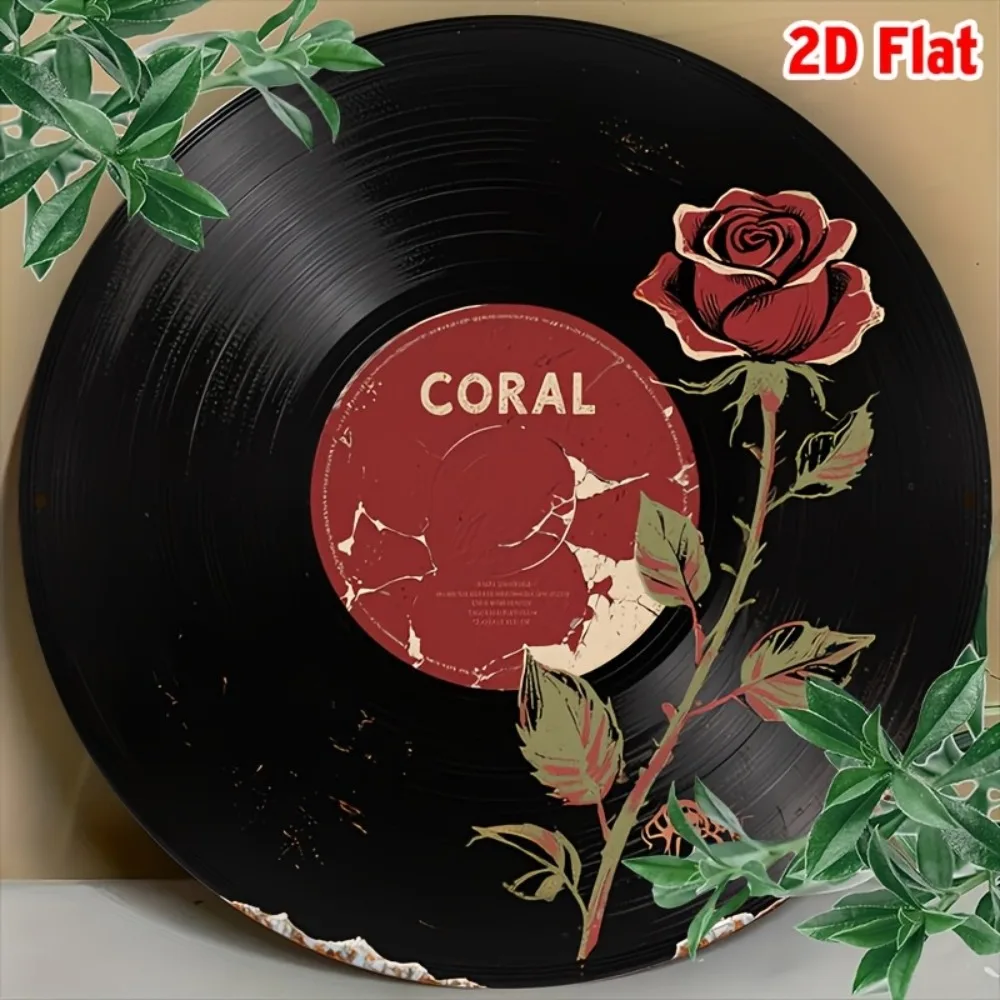 Vintage Black Floral Metal Sign Red Rose Green Leaves 2D Flat Weather-Resistant Aluminum Wall Art Home Bar Decor