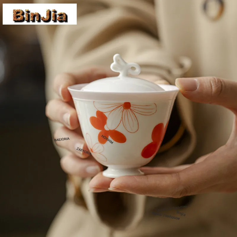 BAEJORIA 95ml Handmade Ceramic Hand Drawn Gaiwan Vintage Tea Tureen Tea Bowl With Lid Kit Tea Making Cover Bowl Tea Items Gift