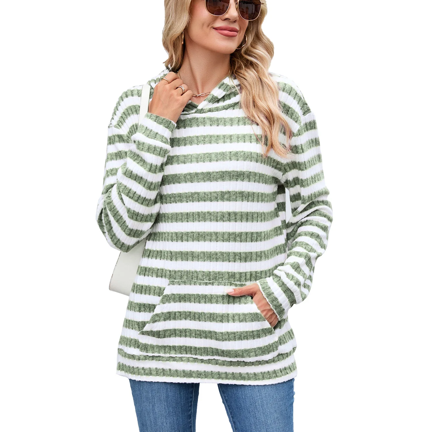 Abbigliamento Donna Hooded Striped Pullover Long Sleeve Pocket Office Commuting Versatile Pullover Sweatshirt Tops Woman's 2025