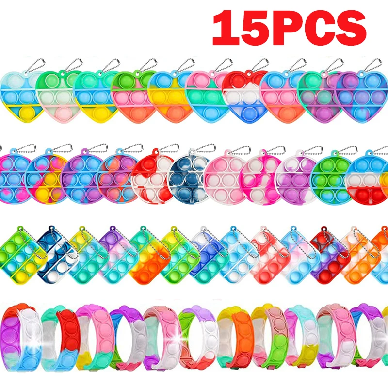 Mini Keychain Fidget Toys Bracelet Heart Square Round Key Ring Rainbow Sensory Toys Set Pack Bulk Classroom Prizes Party Favors