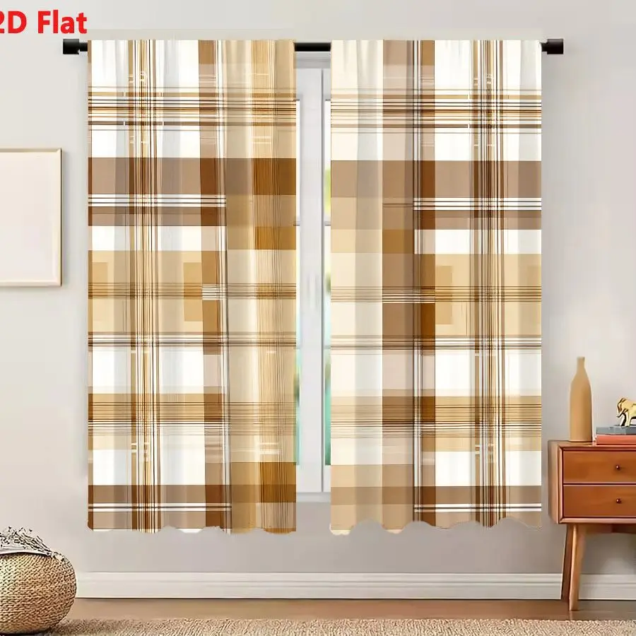 2Pcs Curtains 2D Flat Brown Beige White Plaid Checkered Pattern Textile Design Window Drapes for Bedroom Room Decor Decoration W