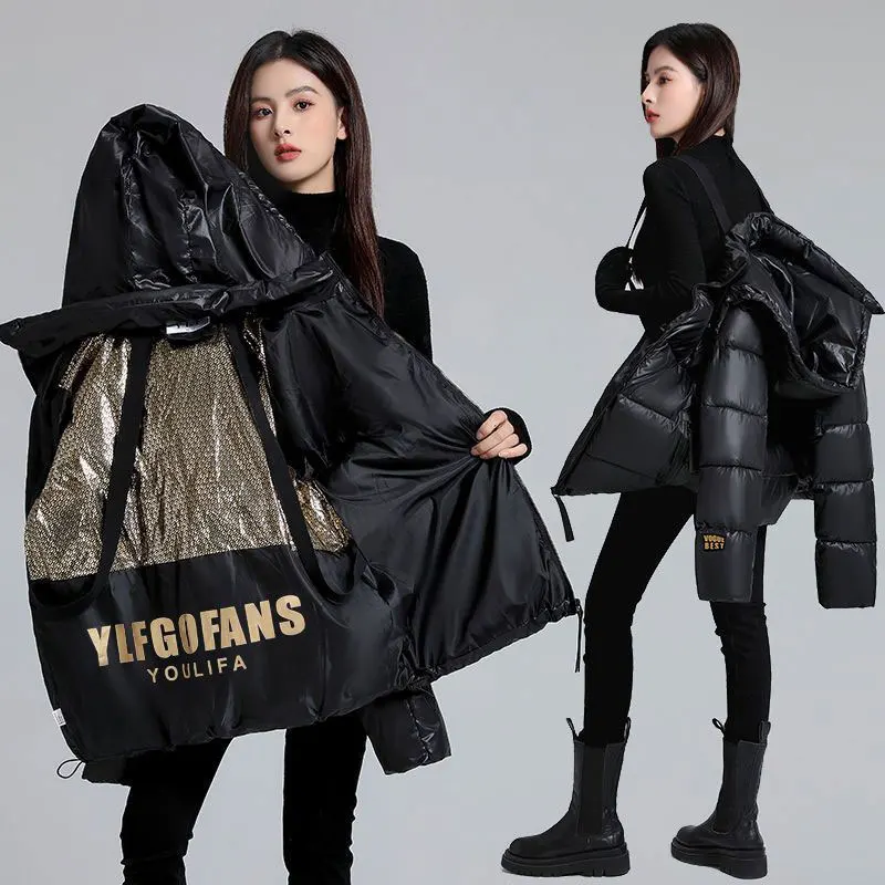 

Quality Women's Cotton Jacket 2025 Winter New Black Gold Short Style Hooded Zipper Coat Thick Loose Warm Fashion Overcoat Female