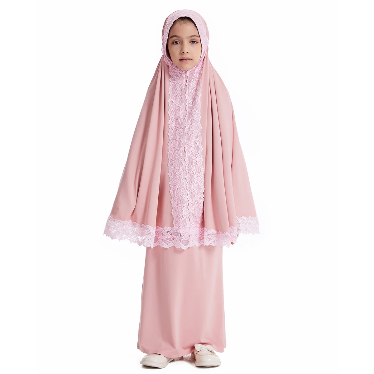 Muslim Girls Hooded Batwing  Sleeves Solid Color Lace Abaya Tube Skirts Suits 2 PCS Arab Big Kids Tops and Dress Set