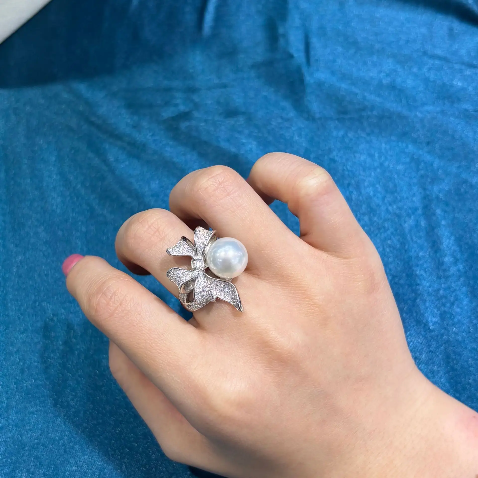 11-12mm Natural South Sea White Pearl Ring, High Luster Perfect Round Slight Blemish, S925 Silver Adjustable Band Women Jewelry