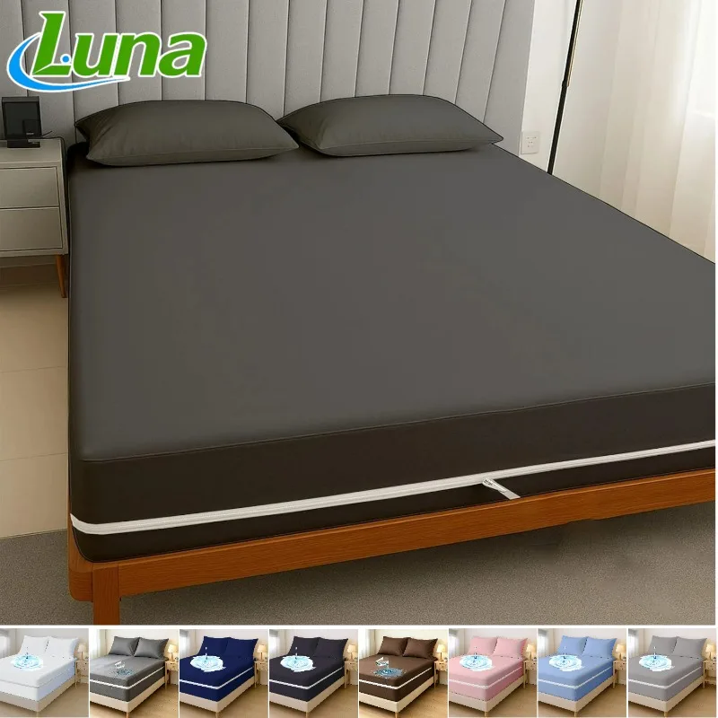 Waterproof Zipper Mattress Cover Protector Brushed Microfiber Anti-Slip Fitted Cover 6 Sided Full Encasement for Bedroom Bedding