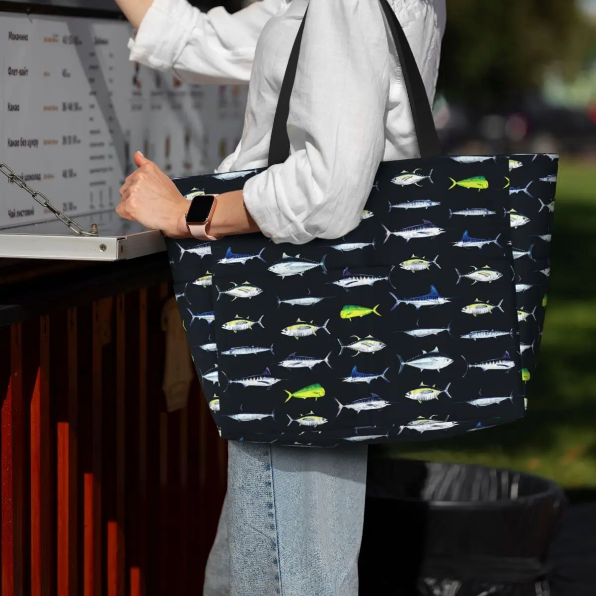 

SPORTFISH Pattern Dark Navy Blue BlackYellowfin Tuna Beach Tote Bag Sport Gym Yoga Large Tote Bag Women Travel Bag Fitness bag