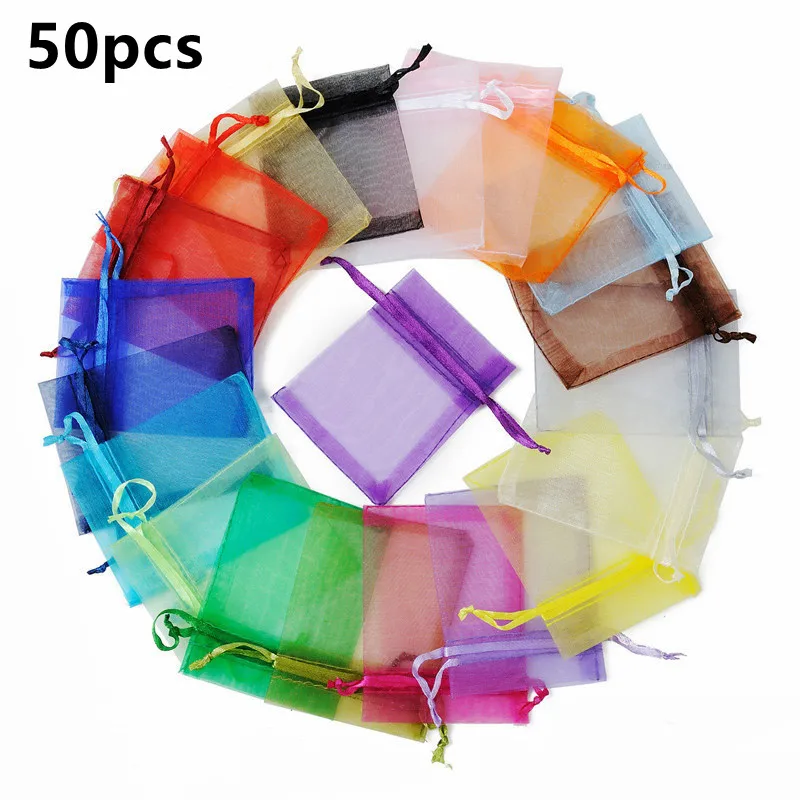 50/100 pz/lotto sacchetto regalo in Organza per gioielli colori misti sacchetti con coulisse per matrimonio sacchetti regalo di caramelle natalizie