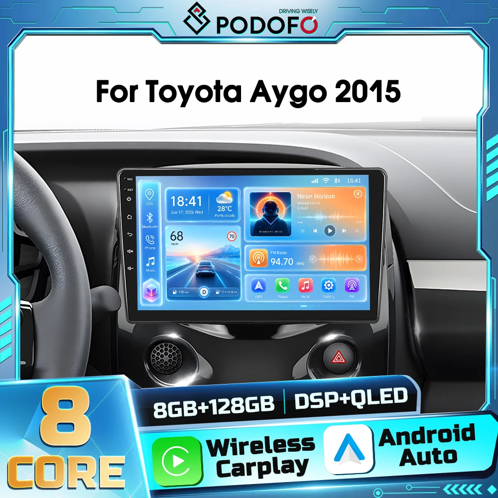 Podofo 8+128G Lettore Multimediale Android 2din per Auto Toyota Aygo 2015 Citroen C1 2020 Peugeot 108 Navigazione GPS Carplay Wireless Android Auto WIFI DSP FM RDS Bluetooth Ricevitore Autoradio