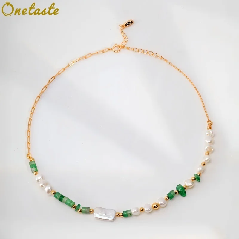 S925 Silver Green Aventurine Beaded Pearl Strand Necklace For Women Gold Plated Trendy Layered Chain Link Chokers Necklaces Gift