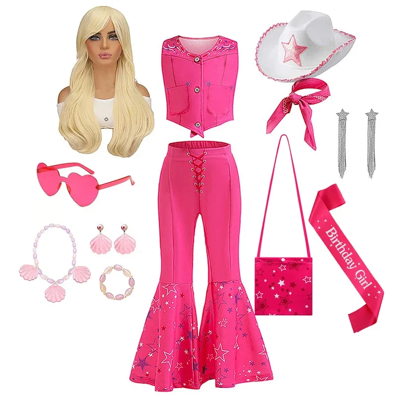 

Movies Pink 3PCS Set for Kids Girl Barbi Plaid Vestidos Fancy Birthday Cosplay Top+Pants+Scarf Flare Trouser Stage Performance