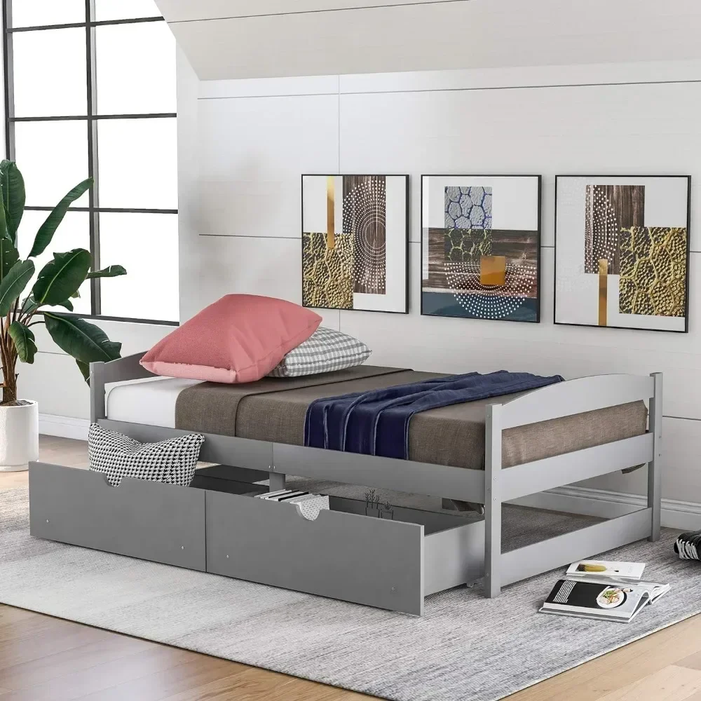 

Twin Platform Bed Frames, Solid Wood Bed Frame with Headboard, Footboard, Storage Drawers, No Box Spring Needed Grey-drawers