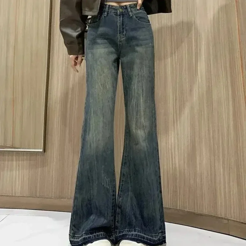 Cowboy Pants for Woman Loosefit South Korea Shiny New In Women's Flare Jeans Vibrant 2025 Korean Style 90s Bell Bottom Trousers