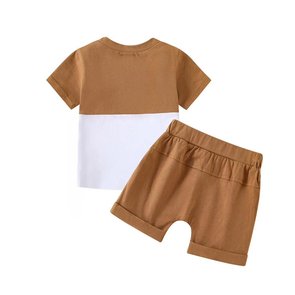 New Boy Summer Casual Set Children Cool Short Sleeved Set Baby Fashion Solid Color Patchwork Top+Short Pants Two-Piece Set