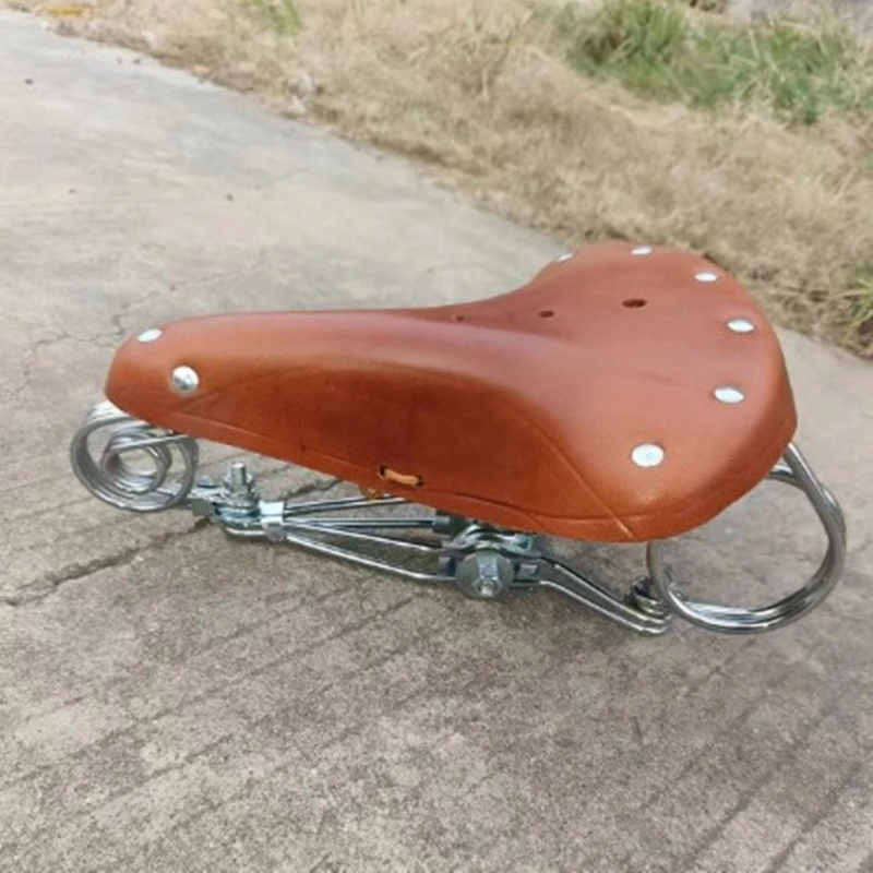 DARMOWE siodełko rowerowe Vintage ponadgabarytowe duże stalowe kokardki podwójna wiosna prawdziwej skóry Retro poduszka rowerowa 100% siodełko ze skóry bydlęcej