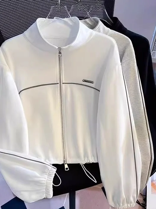 

Американская толстовка на молнии для женщин, ранняя осень, воротник-стойка, длинный рукав, двойная молния, кардиган, элегантный...