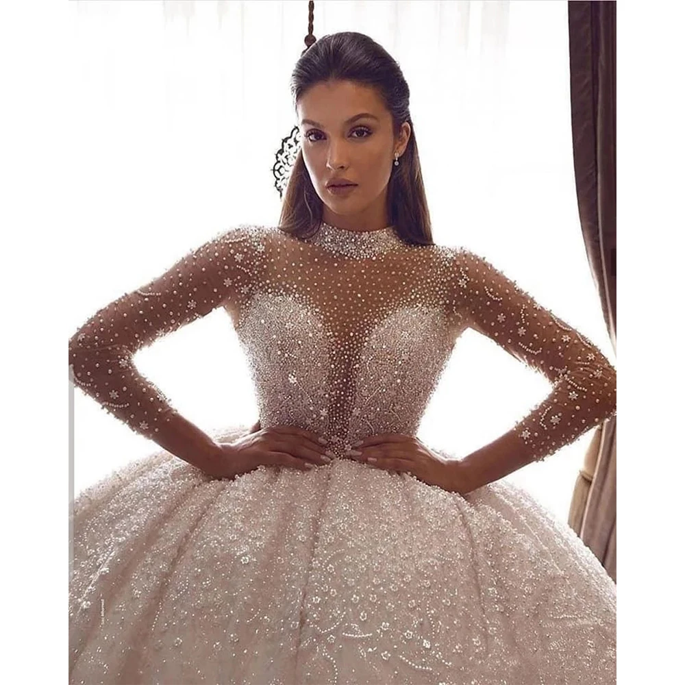 Vestido De Novia De manga larga con perlas De cristal, traje De cuello alto con apliques De encaje, 2023