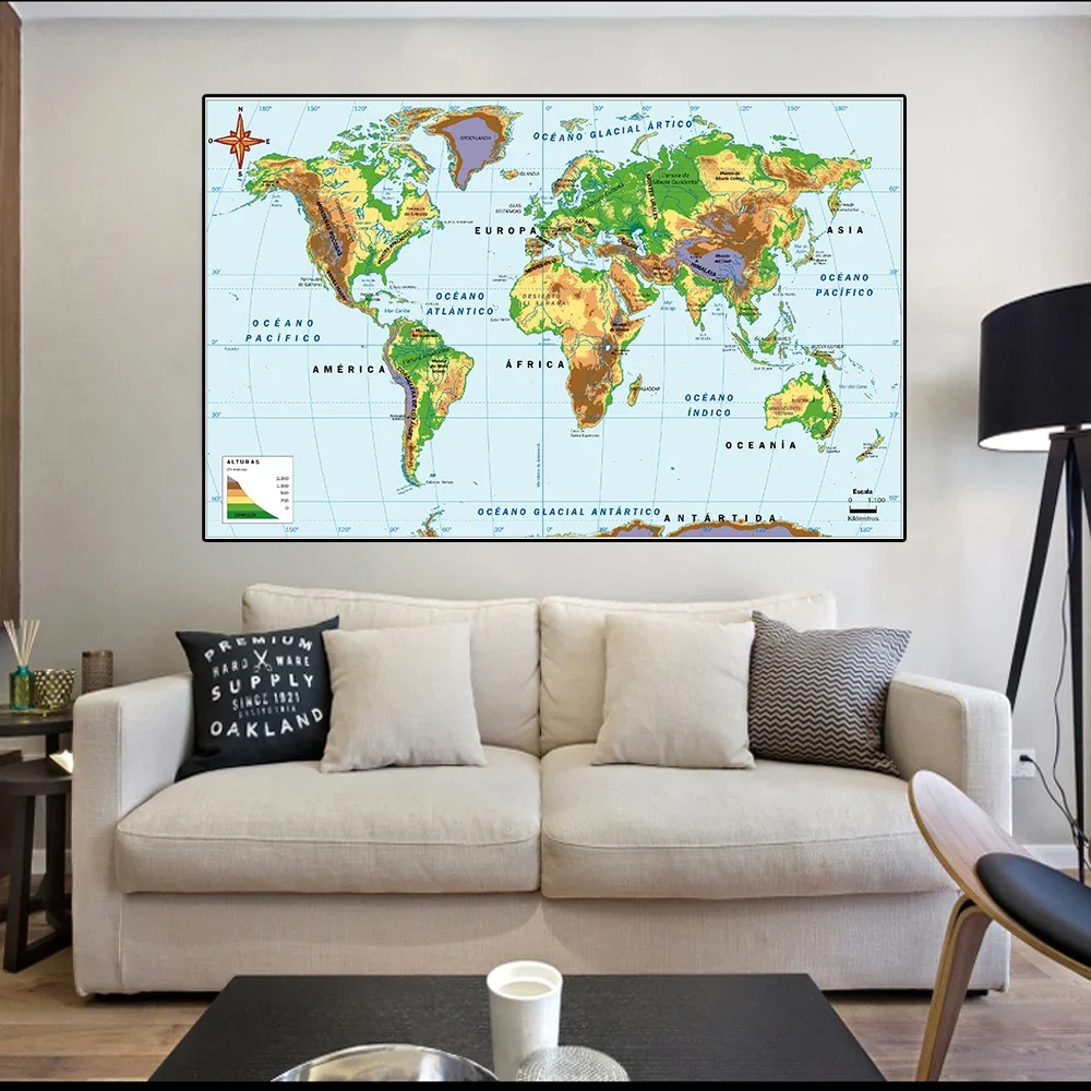 150*100cm In Spanish The World  Orographic and Elevation Map Non-woven Canvas Painting Wall Art Poster Home Office Decoration