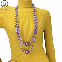 UKEBAY New Purple Mesh Necklaces Big Sweater Chain Women Boho Pearl Pendant Necklace Hollow Handmade jewelry Fashion Necklaces