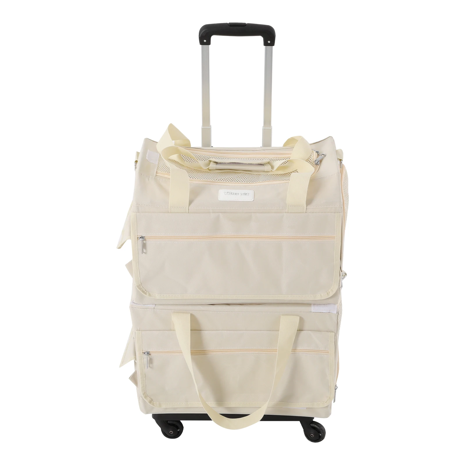 حقيبة عربة الحيوانات الأليفة باللون البيج مع نوافذ شبكية، حامل حيوانات أليفة متدحرج بطبقة مزدوجة، حامل حيوانات أليفة بعجلات لقطتين