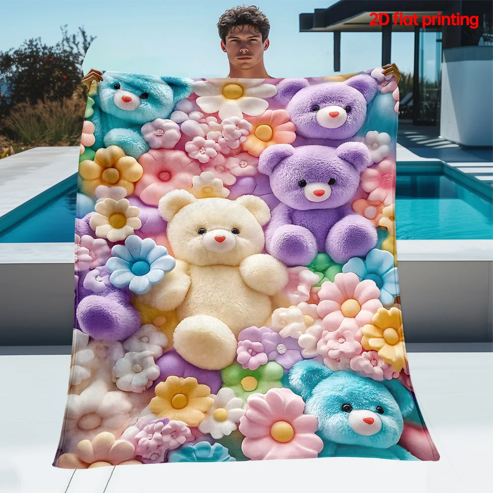 Pastel Plush Bear Colorful 3D Flower Fluffy Texture Print Flannel Throw Blanket Soft Warm Cover Sofa Bedroom Cute Kid Decor Gift